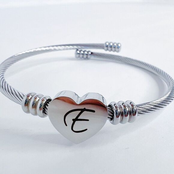 Heart Cable Letter E Initial Bracelet Silver Adjustable Cursive - Picture 2 of 3